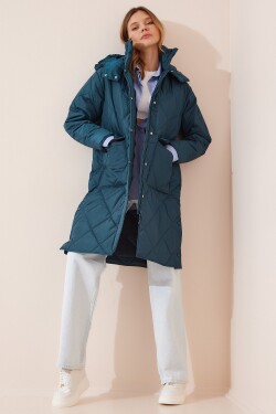 Happiness İstanbul Women's Oil Green Hooded Quilted Coat