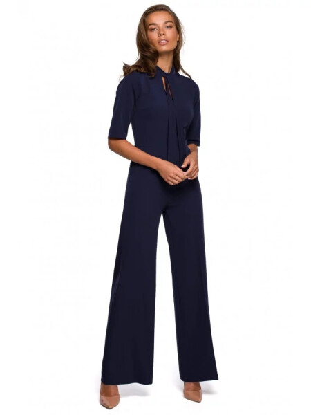 Dámský elegantní overal se zavazováním za krkem S243 tmavě modrý - Stylove XL