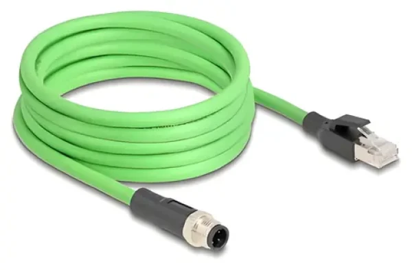 DeLock M12 4pin D-kód (M) - RJ45 (M) / Průmyslový ethernetový kabel / 5 m / PUR(TPU) / -25–80 °C (80429)