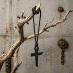 Pánský náhrdelník s křížkem z nerezové oceli na černé šňůrce, Černá 60 cm