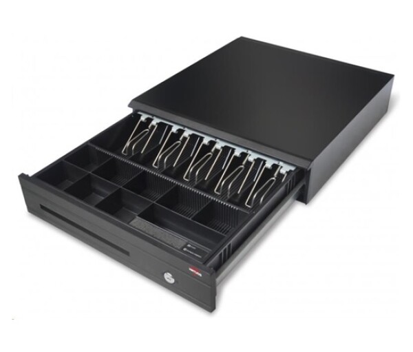 Virtuos pokladní zásuvka C425C, s kabelem 24V, kov. držáky, 9-24V, černá