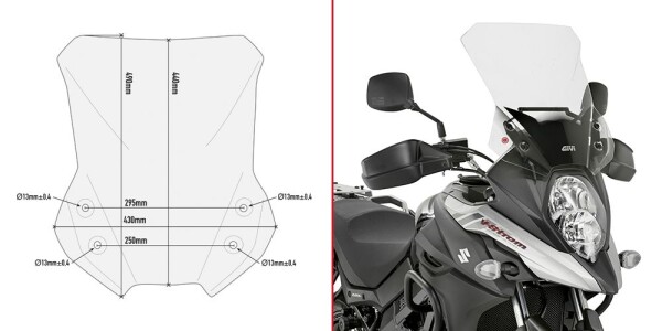 D3112St plexi čiré Suzuki DL 650 V-Strom (17-24), vxš440x430mm, o 120 mm vyšší než orig.