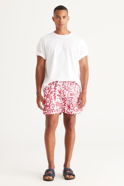 AC&Co / Altınyıldız Classics Men's White Red Standard Fit Regular Fit Quick Drying Side Pockets Patterned Swimwear Marine Shorts.