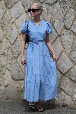 Madmext Blue Balloon Sleeve Long Dress