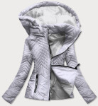 Krátká šedá prošívaná dámská bunda kapucí (B9566) odcienie szarości
