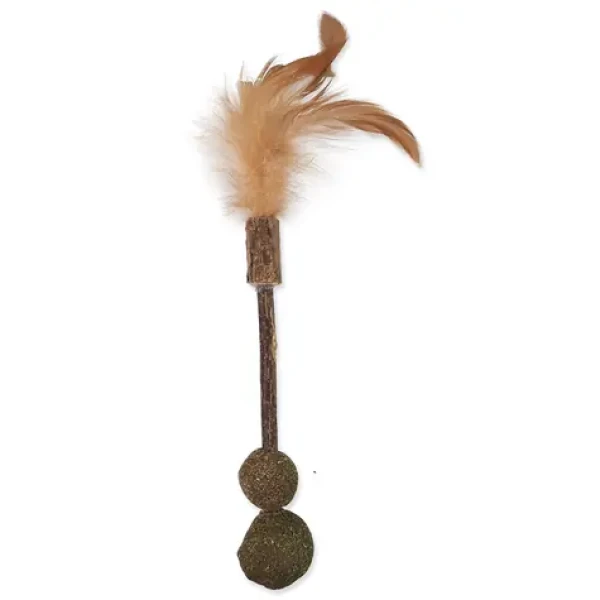 Magic Cat Hračka - Natural Fun dřívko s přírodními pírky a zelenými koulemi 18cm (453-30611)