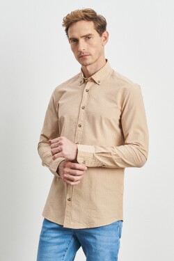 ALTINYILDIZ CLASSICS Men's Beige Slim Fit Narrow Cut Button Collar 100% Cotton Patterned Shirt