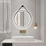 AQUALINE - STAGO kulaté zrcadlo s LED osvětlením ø 60cm, kožený pásek, dotykový senzor, stmívatelné, černá mat SG060