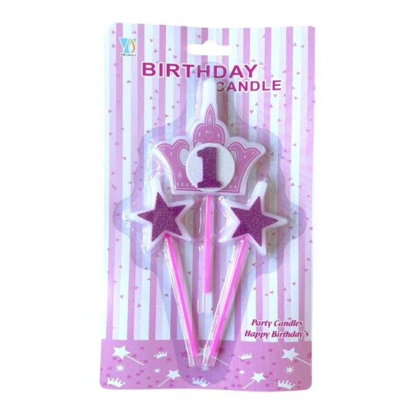 Dortisimo Svíčky koruna růžová s číslem 1 a hvězdičky růžové