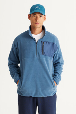 AC&Co Altınyıldız Classics Men's Indigo Oversize Wide Cut High Bato Neck Pocket Detailed Zippered Warm Fleece Sweatshirt