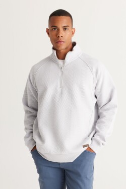 AC&Co Altınyıldız Classics Men's Light Gray Loose Fit Stand-Up Bato Collar Inner Fleece Thread Patterned Sweatshirt