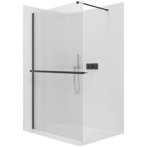 CERANO Sprchová zástěna Walk-in Onyx Cube L/P - 8 mm + polička/držák na ručníky - hranatá vzpěra - černá matná, rýhované sklo - 90x200 cm