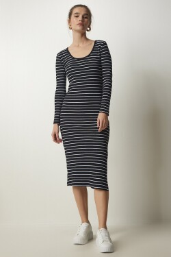 Happiness İstanbul Women's Black Striped Slit Wrap Knitted Dress
