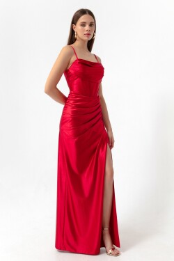 Lafaba Women's Red Underwire Corset Detailed Long Slit Evening Dress.