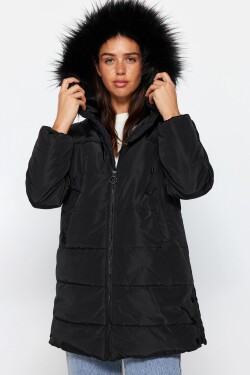 Trendyol černá nadměrná kožešina kapucí nepromokavá bunda prošívaná péřová bunda