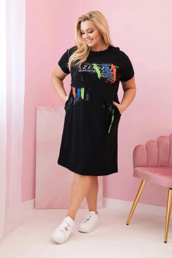 Dámské bavlněné šaty Plus Size s barevným potiskem a kapsou černý UNI