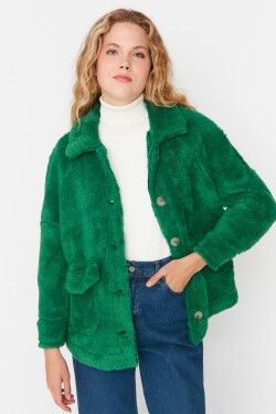 Trendyol zelený nadměrný kapesní detailní plyšový kabát