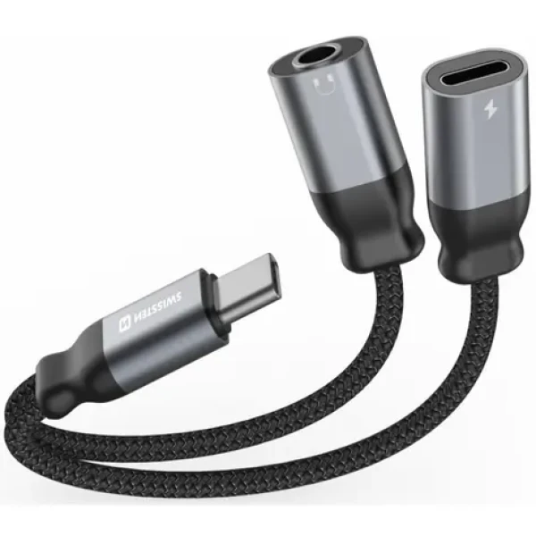 Swissten TEXTILE USB-C/Jack 3,5 mm 0,12 m černá / Nabíjecí audio adaptér / textilní opletení (73502301)