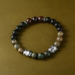 Luxusní náramek Buddha - nebeská perla, lesní achát, červený jaspis, Barevná/více barev 19 cm