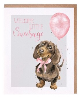 Přání k narození dítěte Wrendale Designs Little Sausage - Jezevčík v růžové