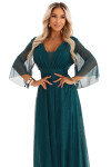 654-1 Dlouhé lesklé plus size šaty s výstřihem a průhlednými rukávy - lahvově zelené UNI