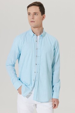 ALTINYILDIZ CLASSICS Men's Turquoise Slim Fit Narrow Cut Button Collar Linen Look 100% Cotton Flared Shirt