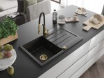 MEXEN/S - Bruno granitový dřez s odkapávačem včetně baterie Aster, černá/zlatá metalik 6513-75-73450-57-G