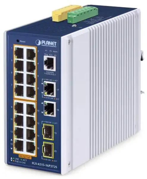 Planet IGS-4215-16P2T / Switch průmyslový / L2/L4 Managed / 16x Gigabit PoE+ RJ-45 / 2x SFP / IP30 (IGS-4215-16P2T2S)