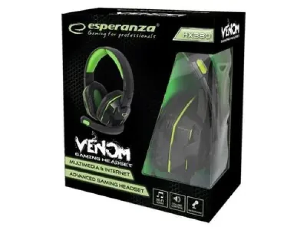 Rozbaleno - Esperanza EGH380 Venom herní sluchátka s mikrofonem černo-zelená/ drátová / ovládání hlasitosti / rozbaleno (GAMESPSLU0011.rozbaleno)