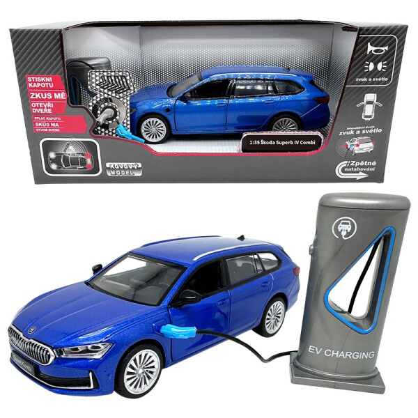 Škoda Superb IV Combi modré + nabíjecí stanice 1:35 - Sparkys