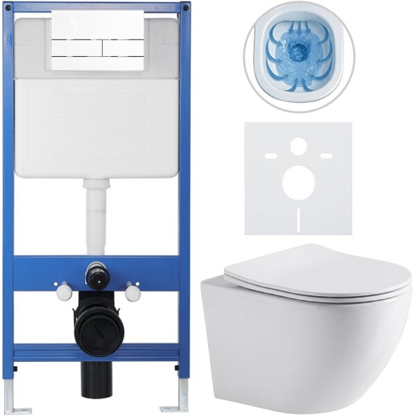 CERANO Kompletní podomítkový WC set Lite/Cesso - bílá lesklá - WC tlačítko Line, bílá - předstěnová instalace - 49x36 cm - 8050BD84239
