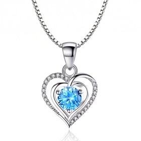 Náhrdelník se srdcem a modrým krystalem - stříbro 925/1000, 45 cm Modrá