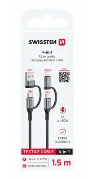 SWISSTEN Textilní datový kabel 4v1 60W USB-C/USB-A/Lightning 1.5m černá (74501102)
