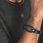 Pánský náramek Richard - větrná růžice, pravá kůže, Černá 22 cm