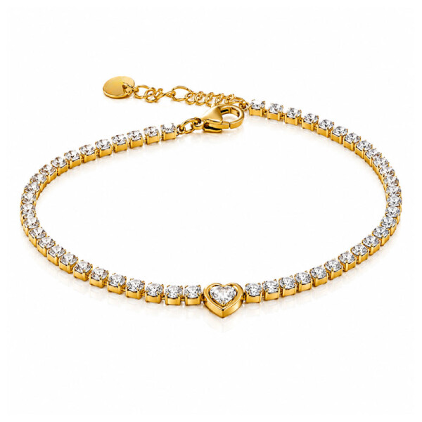 Náramek se srdíčkem Mia Gold - chirurgická ocel, tennis náramek, Zlatá 17 cm + 3 cm (prodloužení)