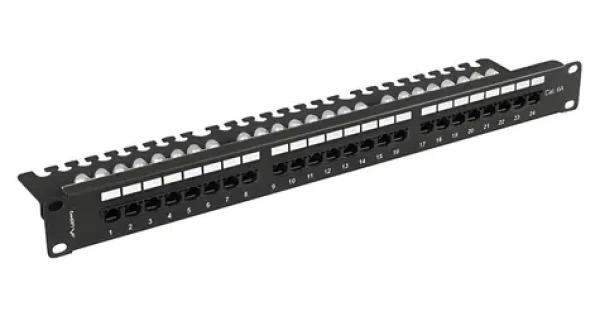 Lanberg Patch panel 24 portů CAT.6A s policí černý / Patch panel / 1U / 19" / RJ-45 / UTP (PPUA-1124-B)