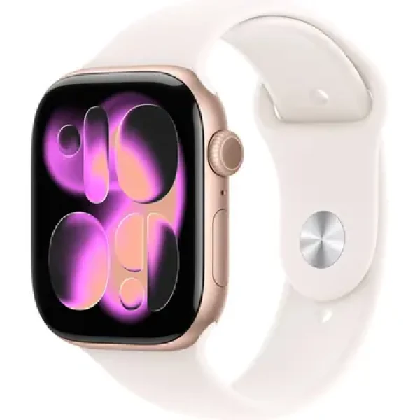 Rozbaleno - Apple Watch Series 11GPS 46mm Růžově zlaté hliníkové tělo - Světle ruměný sportovní řemínek M/L / 160–210 mm / rozbaleno (MEV74MP/A.rozbaleno)