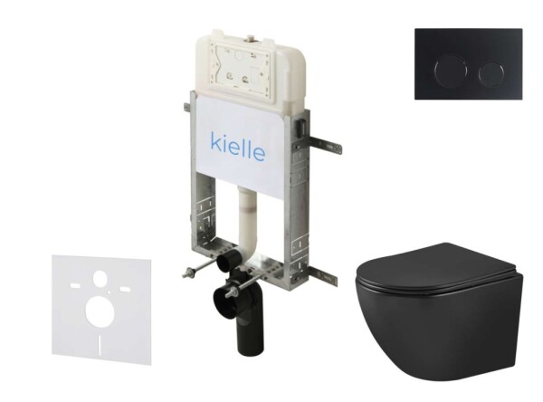 Kielle - Genesis New Set předstěnové instalace, klozetu Oudee, Vortex Rimless+, sedátka softclose a tlačítka Gemini New II, matná černá 30528SZ92