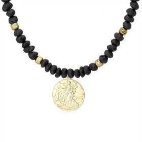 Korálkový náhrdelník Fabio Gold - lávový kámen, americká mince Liberty, Černá 50 cm