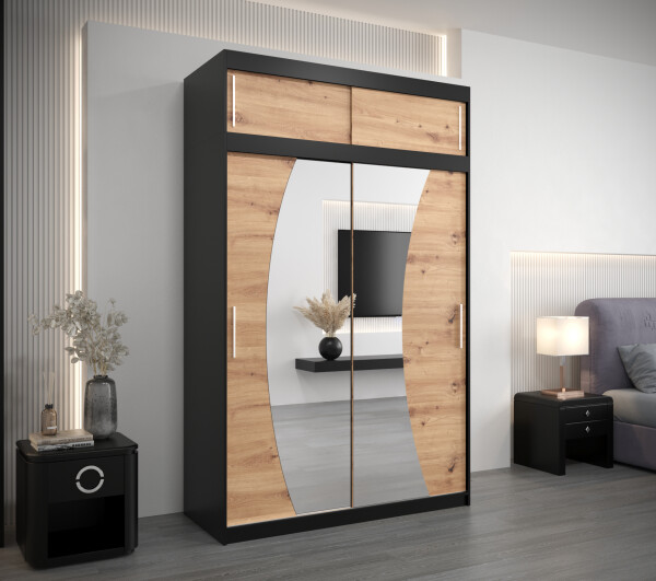 Šatní skříň Abi W0 s nástavcem Barva korpusu: Černá, Rozměry: 150 cm, Dveře: Dub artisan
