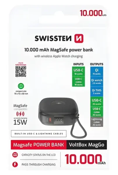 Swissten Voltbox MagGO / Powerbanka / 10000 mAh / integrované kabely / MagSafe / Apple Watch