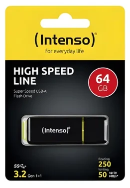 Intenso High Speed Line 64GB černá/žlutá / Flash disk / USB-A 3.2 Gen 1 / čtení: 250 MB/s / zápis: 50 MB/s (3537490)