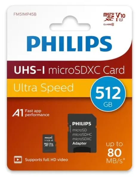Philips microSDXC 512 GB + adaptér / Micro SD karta / Class 10 / UHS-I U1 / čtení: 80 MB/s / zápis: 30 MB/s (FM51MP45B/00)