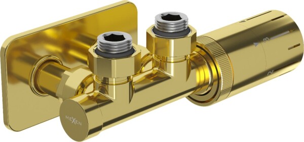 MEXEN/S - G05 úhlová termostatická souprava pro radiátor + krycí rozeta S, Duplex, DN50, zlatá W907-958-910-50