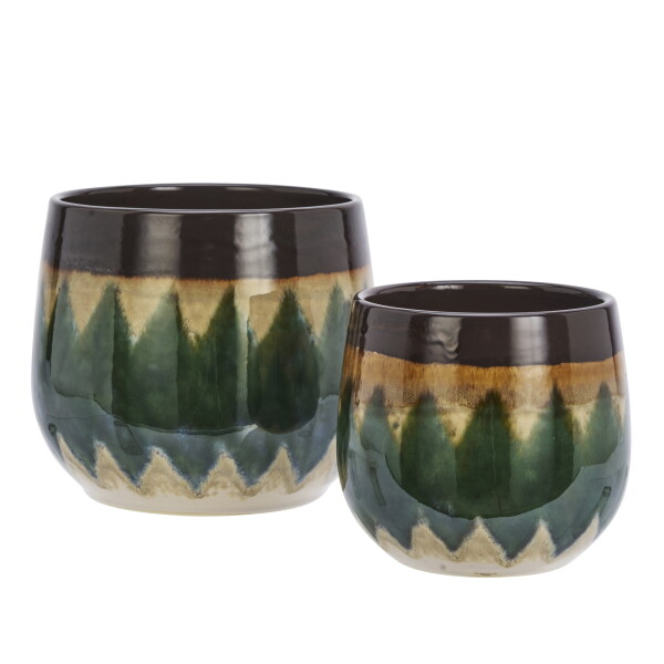 MADAM STOLTZ Kameninový obal na květináč Reactive Green / Brown / Beige větší, zelená barva, keramika