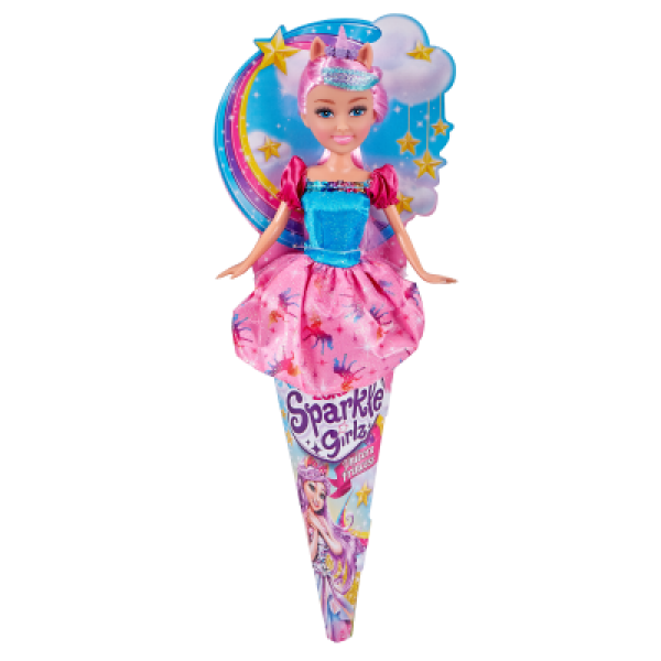 Víla jednorožec Sparkle Girlz v kornoutku - fialové vlasy