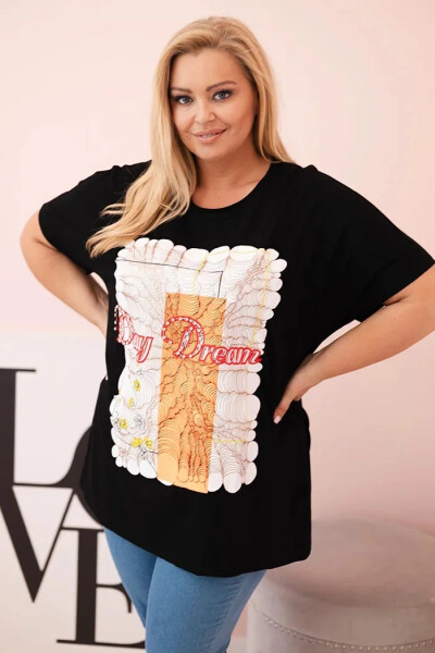 Dámská bavlněná halenka Plus Size s potiskem „Day Dream“ černá + oranžová UNI