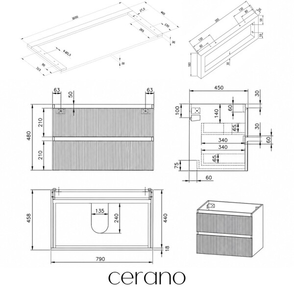 CERANO - Koupelnová skříňka Carole - bílá matná rýhovaná + deska pod umyvadlo Navira Pro - 36 mm + konzole černá - 160x51,6x46 CER-400526