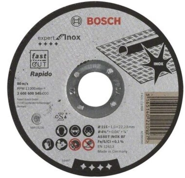 BOSCH 2608600545 / Řezací kotouč na nerezovou ocel / Průměr 115 x 22.23 mm / Šířka řezu 1 mm (2608600545)