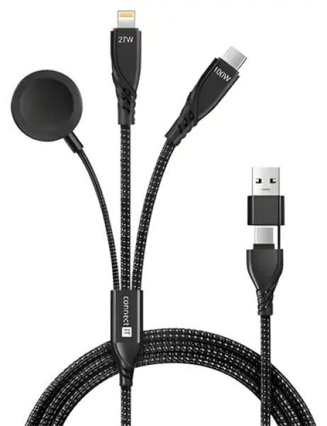 Connect IT Wirez 6in1 černá / Nabíjecí a datový kabel / USB-C / Lightning / pro hodinky / 1,25 m / 100 W (CCA-2300-BK)